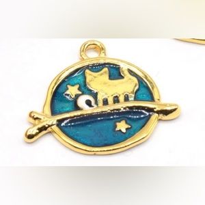 Night Blue 24k Shiny Gold Plated Moon with Cat Charm, Necklace Charm, 21x24mm
